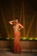 Load image into Gallery viewer, Gold &amp; Orange Sequin Fringe Statement Dress ✨